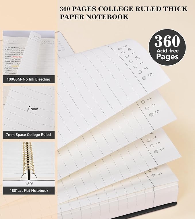 Spiral Notebook Journal College Ruled 8.5''x 11'', 360 Pages Lined Thick Journals for Women Men, A4 Large Writing Spiral Journal with 100GSM Paper, Spiral Notebooks for Work, School Black