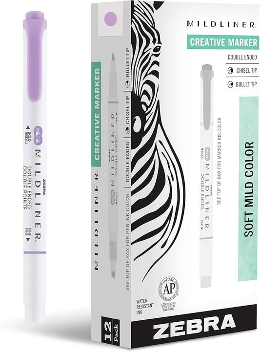 Zebra Pen Mildliner Dual-Tip Highlighters, Broad and Fine Tips, Ideal for Bible Highlighting, No Bleed, School Supplies, Teacher Supplies, and Office Supplies, Mild Violet Ink, 12-Pack (78180upc)