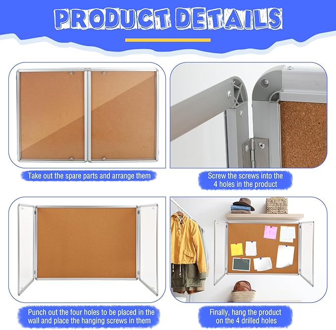 48"x36" Enclosed Bulletin Board Weather Resistant Lockable Outdoor Cork Fabric Display Board Aluminum Frame Wall Mounted 2 Locking Door for Office School Commercial 12xA4(Brown, Silver Frame)