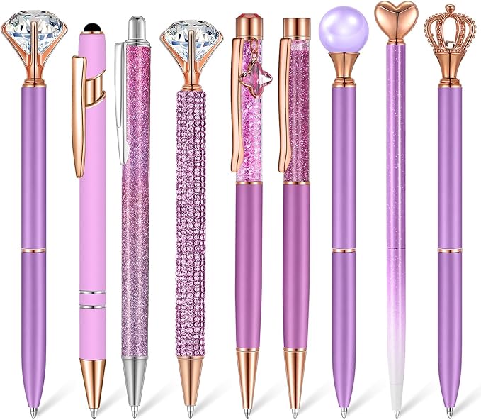 Janmini 9 Pcs Ballpoint Pens Set Metal Crystal Diamond Glitter Pens for Journaling Black Ink Pretty Cute Things Fancy Stationery Gifts for Women Girls Birthday Home Office Desk(Violet)