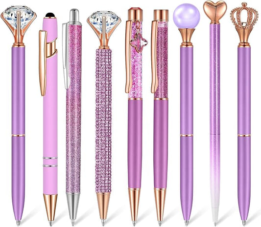 Janmini 9 Pcs Ballpoint Pens Set Metal Crystal Diamond Glitter Pens for Journaling Black Ink Pretty Cute Things Fancy Stationery Gifts for Women Girls Birthday Home Office Desk(Violet)