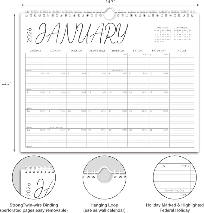 2026 Calendar, 2025-2026 Calendar Wall from Jul. 2025 to Dec. 2026, 14.7" X 11.5" Paper Monthly Planner Wall Hanging Calendar with Thick Paper for Office Home Planning & Organizing (wall calendar A)