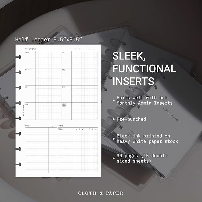 Cloth & Paper Weekly Admin Planner Inserts | Half Letter Size 5.5 x 8.5 Inches | 8 Disc Punch | Monday Start | Weekly Agenda Refill with Task Column & Habit Tracker | Fits Cloth & Paper Large Folio