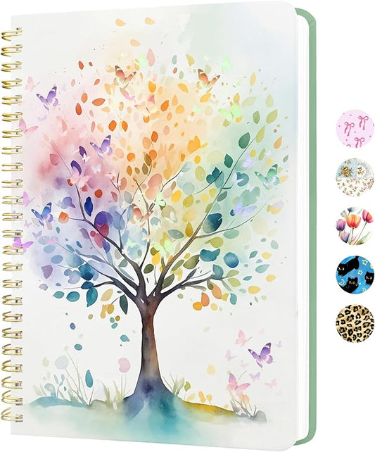 Stanoha Cute Spiral Notebook A5 Journal for Women Girls Kawaii Aesthetic Pretty Floral Design with Pocket, 8.5 x 5.7 inch, Graph, Butterfly Tree