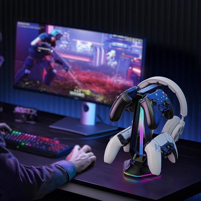 Luckit Gaming Headphones Stand, RGB Headset Stand with 12 Light Modes, Controller Holder with 2 USB Charging Ports - Supports Data Transfer, Earphone Hanger Accessories for Desktop Gamer