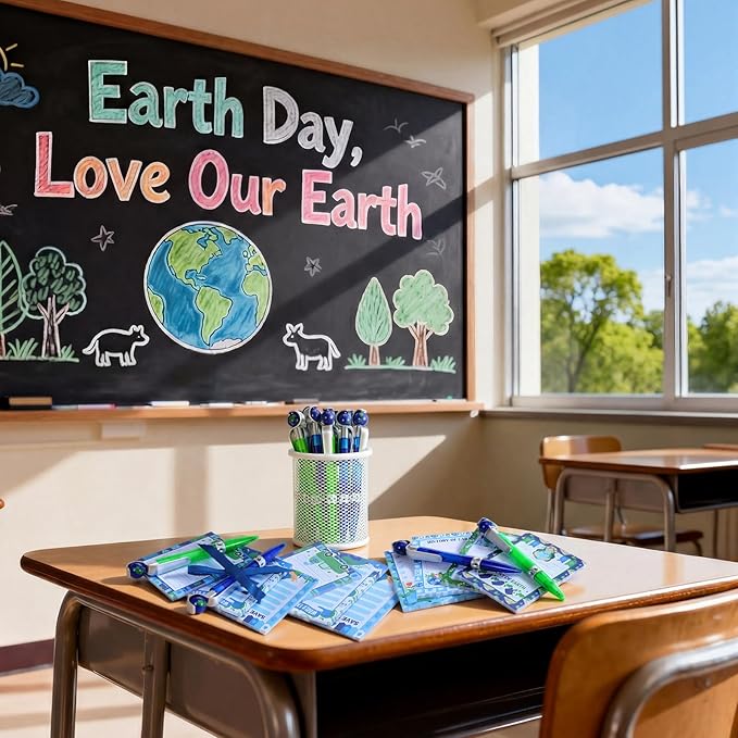 Eaasty 24 Sets Earth Day Gifts Bulk, Retractable Ballpoint Pen Set with Notepad and Ribbon World Earth Day Note Pads Pens Gifts for Office School Home Stationery Classroom Party Favors