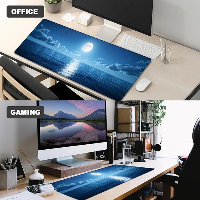 Moon Ocean Gaming Mouse Pad – 12x31.5in Non-Slip Rubber Desk Mat with Tranquil Full Moonlit Design – Large Extended Mousepad for Office Home – Deskmat Gifts for Nature Night Sky Lovers Decor