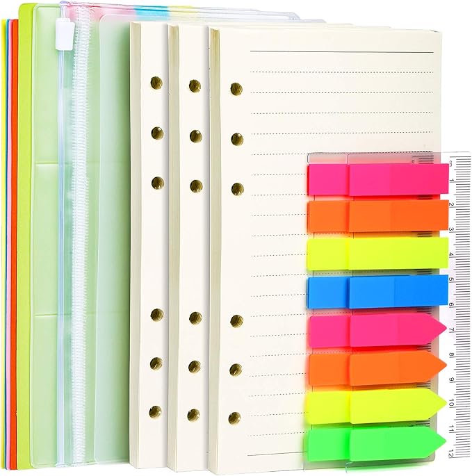 LEOBRO A6 Paper, Planner Inserts for A6 Binder, 6.73"x3.74" Lined Paper, with Binder Pockets & Dividers, for Refillable Notebook, Journal, Planner Refills
