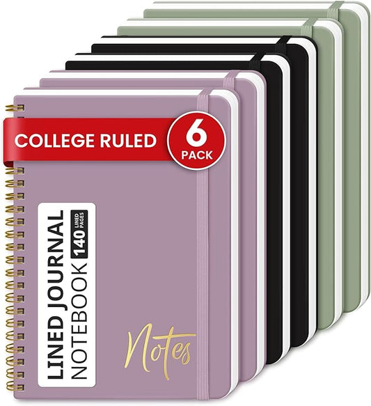 Lined Spiral Journal Notebook for Women, 6 Pack, A5 College Ruled Journals for Writing, Hardcover Notebooks for Work, Note taking and Office School Supplies,140 Pages, 6 Pcs - Multi
