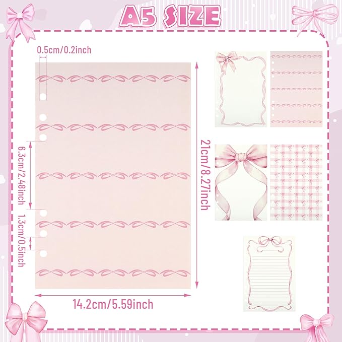100 Sheets Pink Bow A5 Refills Paper for Planner Inserts Binder, Thick 6 Hole Notebook Refill, 120GSM Filler Insert Loose Leaf Paper for A5 6 Ring Binder Travel Journal Diary Budget, Lined & Blank