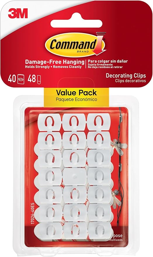 Command Decorating Clips, 40 Clips and 48 Strips, Damage-Free Hanging Light Clips with Adhesive Strips, No Tools Small Wall Clip for Hanging Lights and Cables