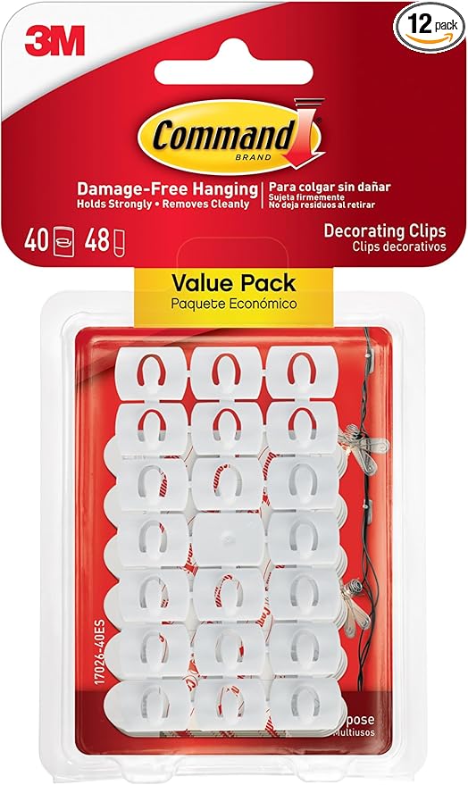 Command Decorating Clips,40 Clips and 48 Strips,Damage-Free Hanging Light-Clips with Adhesive Strips,No Tools Small Wall Clip for Hanging Lights and Cables,(Pack of 12)