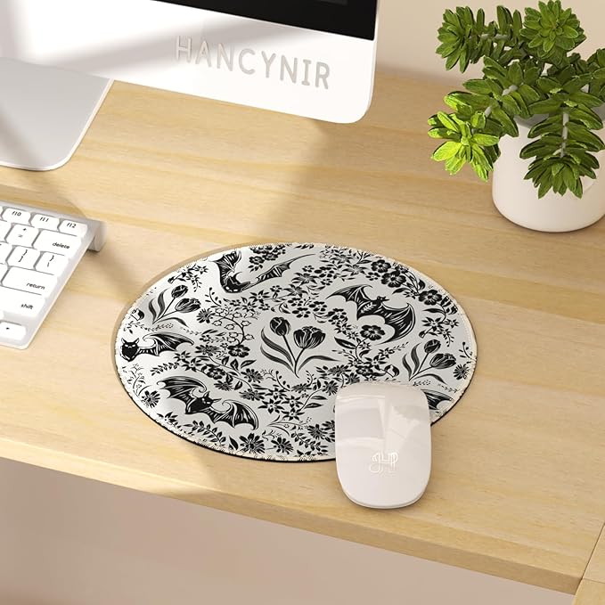 Goth Bat Floral Mouse Pad for Desk, Gothic Small Cute Mousepad with Non-Slip Base, Round Mouse Pads for Wireless Mouse Laptop Gaming, Computer Mouse Mat for Office Decor Desk Accessories
