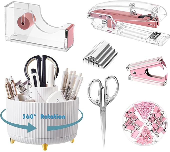 Desk Organizers and Accessories Set with 360-Degree Rotating Pen Holder, Acrylic Stapler, Tape Holder, Staple Remover, Binder/Paper Clips Kit, Scissor and 1 Box of Staples
