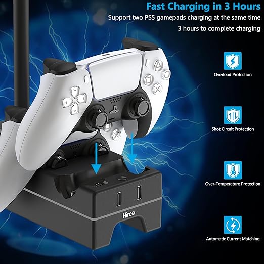 PS5 Controller Charger with USB Charging Port and AC Outlet, RGB DualSense Charging Station Dock for Playstation 5 Controllers with Headphone Stand, PS5 Accessories