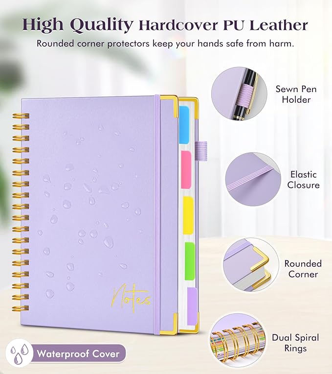 Spiral Notebook Journal with Removable Dividers Tabs, 300 Pages Hardcover Leather 5 Subject College Ruled Notebook, 8.5"x11" Large A4 Lined Journal for Women, Spiral Notebooks for Work School, Purple