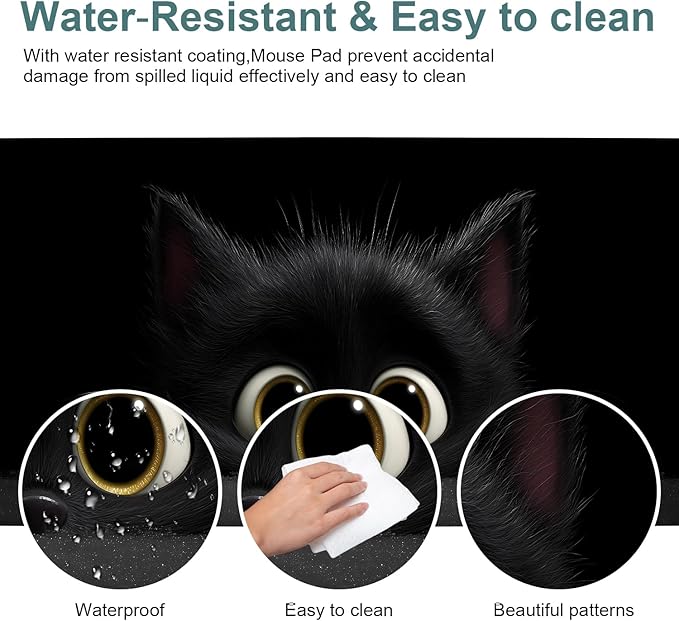 Cat-Inspired Extended Mouse Pad XL 31.5"x11.8" – Large Black Cat Desk Mat – Non-Slip Rubber Base, Stitched Edges