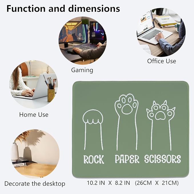 Funny Cat Paw Mouse Pad,Sage Green Rock Paper Scissors Mouse Pad,Kawaii Desk Mat for Home Office Dorm Desktop Decor,Cat Lover Gift,11.8x9.8 Inch