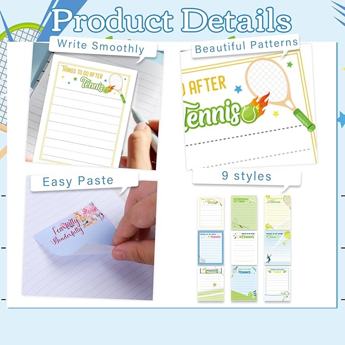 Tennis Sticky Notes Gifts - 9 Pack Funny Tennis Memo Notepads 3x4 Inches, Sport Themed Self-Adhesive Mini Pads, Office School Supplies for Coworkers Students (450 Sheets)