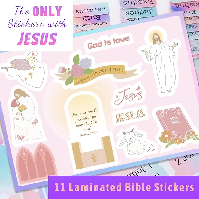 Bible Tabs with Unique Stickers, Laminated Bible Tabs for Women & Men, Christian Gifts, Large Print Bible Tabs for Easy Navigation, Bible Book Index Tabs Labels, Bible Study Supplies, Rainbow BLT1