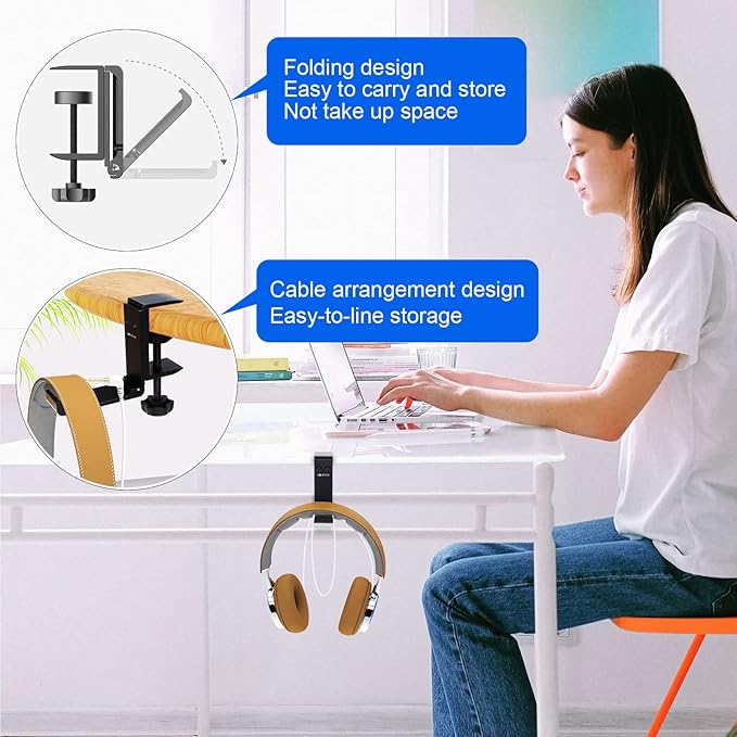 Aluminum Headphone Stand Hanger Foldable with Cable Clip Headset Holder Clamp Hook Under Desk, Save Your Space While Working & Gaming