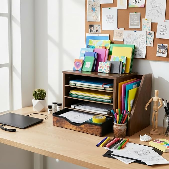 File Organizer with Drawer, Office Wood Desk Organizer with drawers, with 4 Adjustable Shelves, Mail Sorter with Drawer, Office Desk Paper Holder, Brown