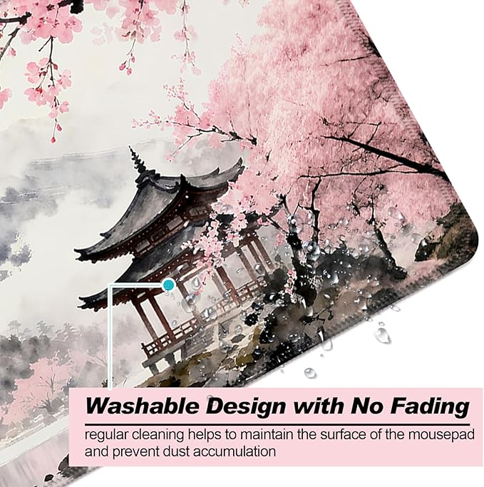 Anime Japan Mount Fuji and Cherry Blossoms XL Large Gray Desk Mat, Extended Long Desk Pad for Gaming and Office, Non-Slip Rubber Base, Comfortable Surface Mouse Pad, 31.5x11.8 in (H17)