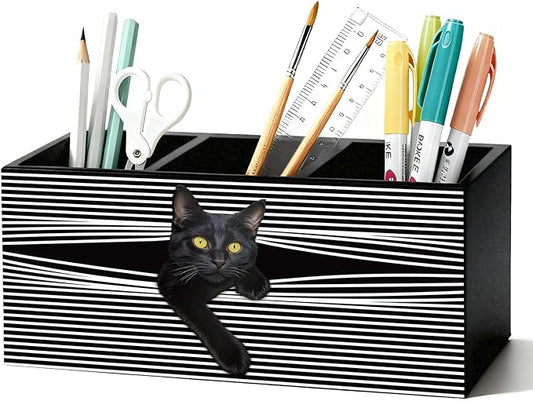 Funny Black Cat Pen Pencil Holder for Desk, Black Cat Mom Lady Lovers Gifts for Women, Pet Lover Gifts Wooden Box Sign Decorations for Home Office Desk Tabletop