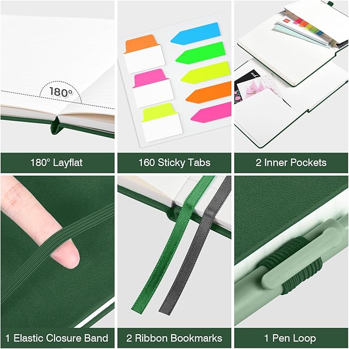 Lined Journal Notebook, 3 Pack A5 College Ruled Notebooks for Work, Hardcover Notebook Each with 2 Pockets & Pen, Leather Journal for Women, Men, 160 Pages, 100GSM Thick Paper (Blue, Black, Green)
