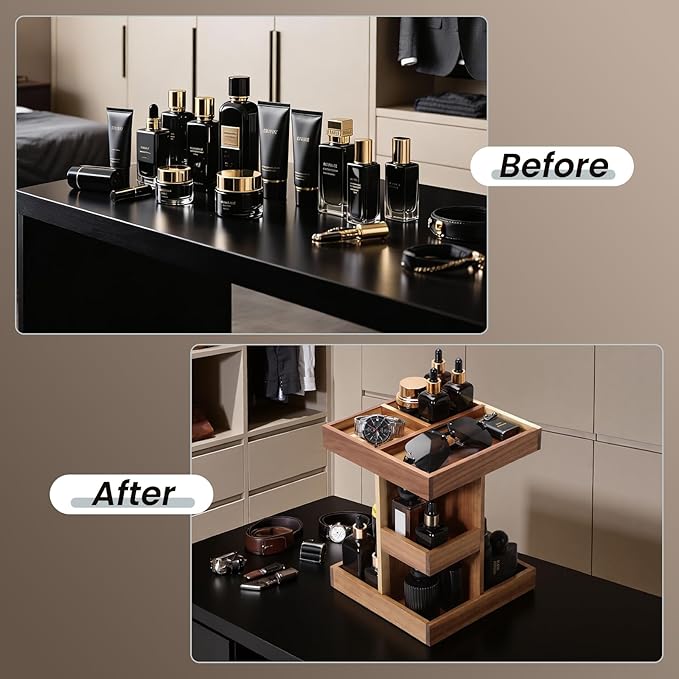EXIN DECHEN Cologne Organizer for Men,Cologne Stand,3 Tier Wooden Perfume Shelf with Rotate,Desk Organizer,Gifts for Dad From Wife,Husband Boyfriend Birthday Gift Ideas,Gifts for Men