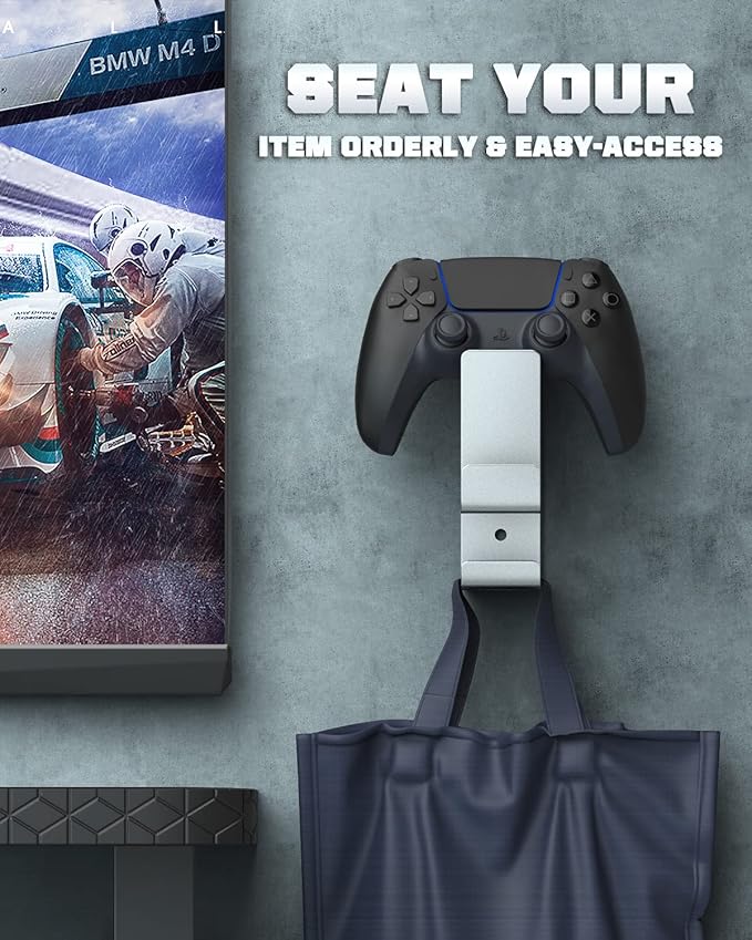 Moko Controller Holder Dual Gamepad Controller & Headphone Hanger Compatible with Xbox One, Xbox 360, PS3, PS4, PS5, PC, STEAM, Switch/Switch 2, Wall Mount Stand for All Universal Headsets, Silver