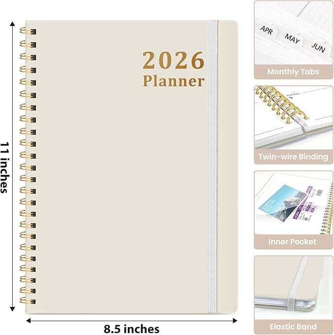 2026 Planner, Weekly and Monthly Calendar Planner, January 2026 - December 2026, Hardcover 2026 Calendar Book with Tabs For Women & Men, Inner Pocket, Spiral Bound, Perfect for Office Home School Supplies - A4 (8.5" x 11"), Gray