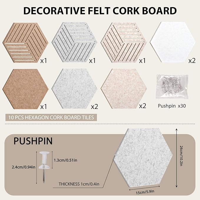 Weldomcor Hexagon Cork Board Tiles 10 Pack Cute Felt Bulletin Boards with 30 Push Pins, 12''x10'' Small Adhesive Pin Display Board Decorative Photo Memo Notes Pinboard for Office Wall Dorm Home Decor