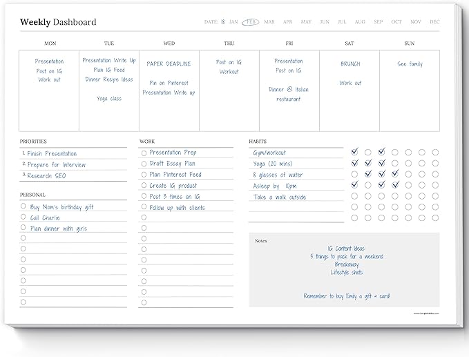 Weekly Dashboard To-Do List Notepad – Undated Weekly Planner with Habit Tracker & Notes – Minimalist A4 Layout for Productivity, Organization & Time Management (Mono)