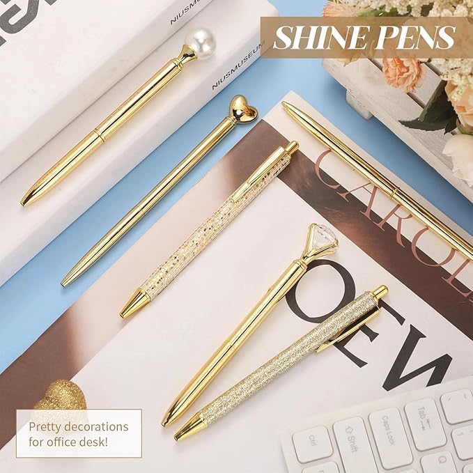 6 Pcs Ballpoint Pens Set Metal Crystal Diamond Pen for Journaling Glitter Pretty Cute Stationery Black Ink Fancy Gifts for Women Girls Teacher Office Wedding School Supplies(Gold)