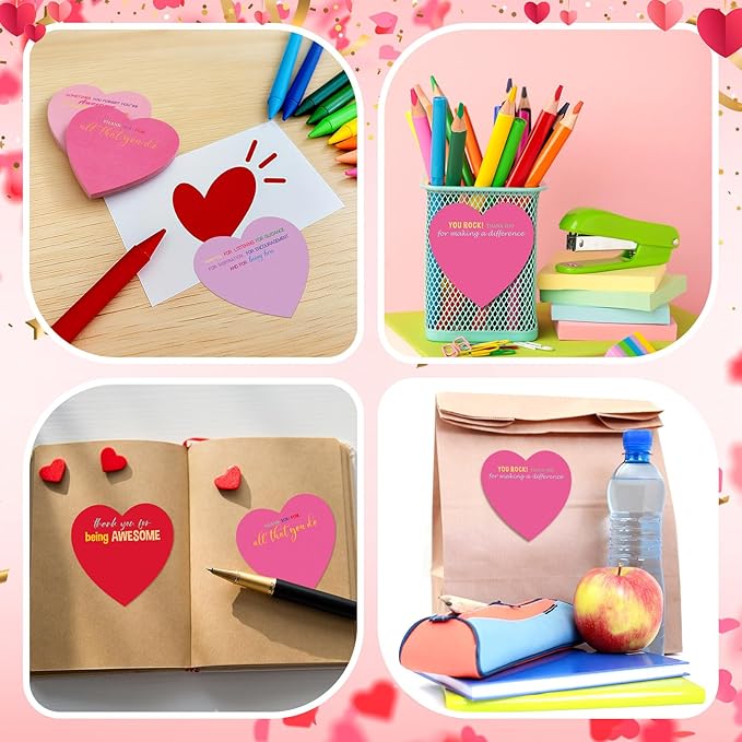 Teling 24 Pack Valentine's Day Sticky Notes Heart Shape Sticky Notes 3 x 3 Inch Thank You Notepads Bulk Cute Memo Pads for Valentines Party Gifts School Office Supplies (Red Pink Purple)
