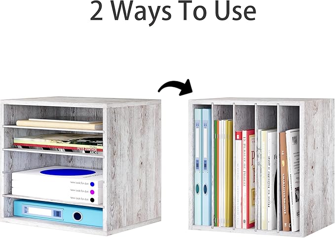Mail Sorter Organizer, Letter Size Wood Desktop File Organizer, Sturdy Paper Storage Office Supplies with Adjustable Shevles for Office，5 Compartments Whitewashed