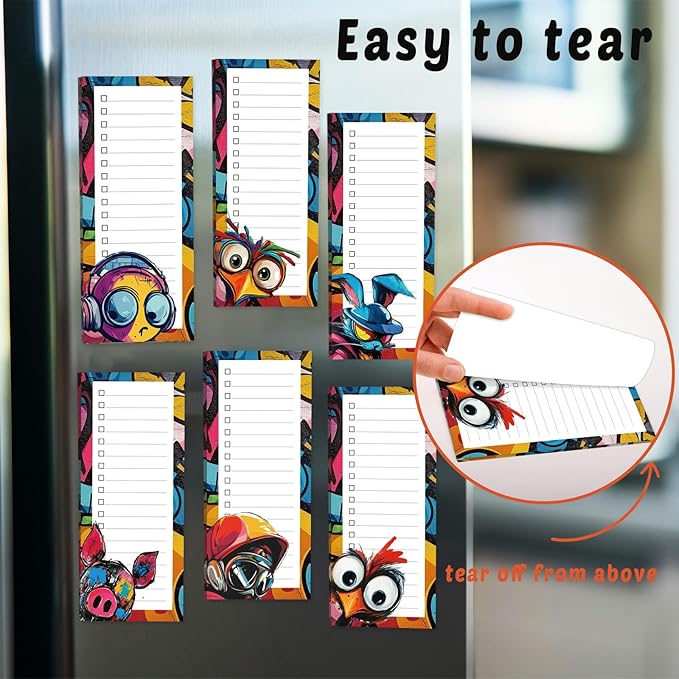 Tlenpo Magnetic Notepad for Fridge, 6 Pack Magnetic Grocery List Pads, 31 Sheets, 100gsm Acid-Free Paper, Full Magnetic Back, Doodle-Themed To Do & Shopping List Notepads