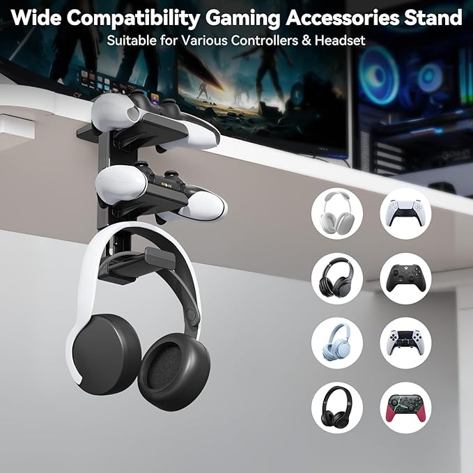 Headphone Stand & Under Desk Controller Holder with Adjustable Clamp, Controller Stand & Headset hanger for Desk Mount with 360° Rotating Hook & Cable Organizer 3-in-1 Game Organizer, PC Game Headsets