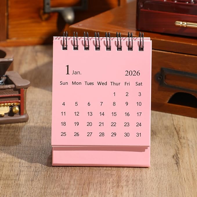 Mini Desk Calendar 2026-2027 - Use January 2026 to June 2027 Small Desktop Calendar Mini Daily Schedule Thick Paper Twin-Wire Binding with Stickers for Home Office School (Mini Pink)