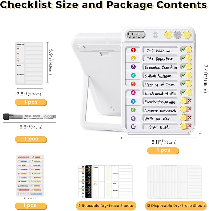 Chore Chart for Kids with Timer, ADHD Tools, Bedtime/Morning/Daily Routine Chart with 99-Min Countup/Down, Magnetic for Kids Checklist Schedule Board with Slider - White