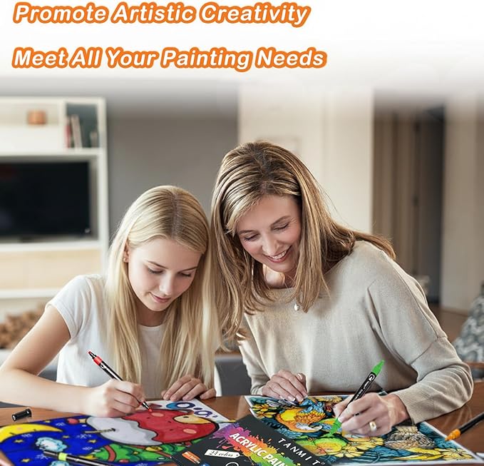 TANMIT Acrylic Paint Pens Markers, 24 Colors Dual Tip Acrylic Paint Pens for Rock Painting, Wood, Canvas, Stone, Glass, Ceramic Surfaces, DIY Crafts Making Art Supplies (Round Tip and Fine Tip)