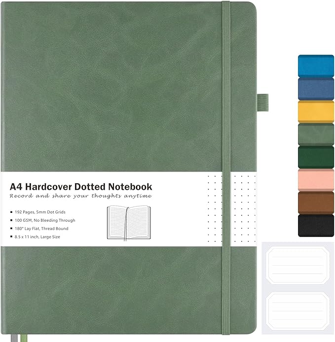 Dotted Journal, Hardcover Notebook 8.5 x 11, Dot Grid Notebook Journal for Women, Men, Large Leather Journals for Writing, Bullet, No Bleed Thick Paper, A4 Notebooks for Work, School, Notes, Olive