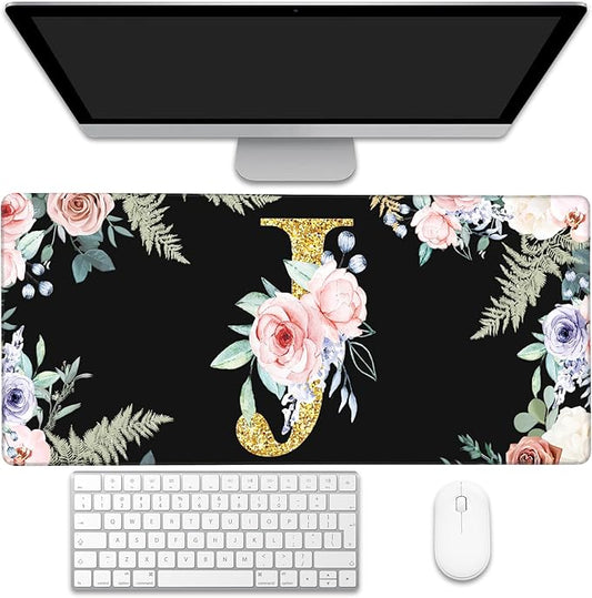 Desk Mat, Flower Golden Letters J Extended Gaming Mouse Pad Large, 35.4"x15.7" Big Mouse Pad with Non-Slip Base and Stitched Edge, Long Computer Keyboard Mouse Mat for Home Office Work