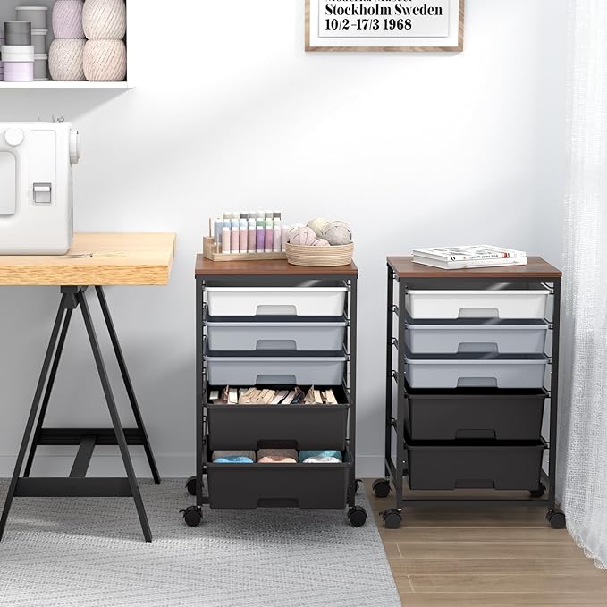 Utility Cart with 5 Drawers,Storage Drawer Cart with Wooden Tabletop and Lockable Wheels,Craft Storage Trolley Cart,5-Tier Rolling Utility Cart on Wheels,Dark Grey