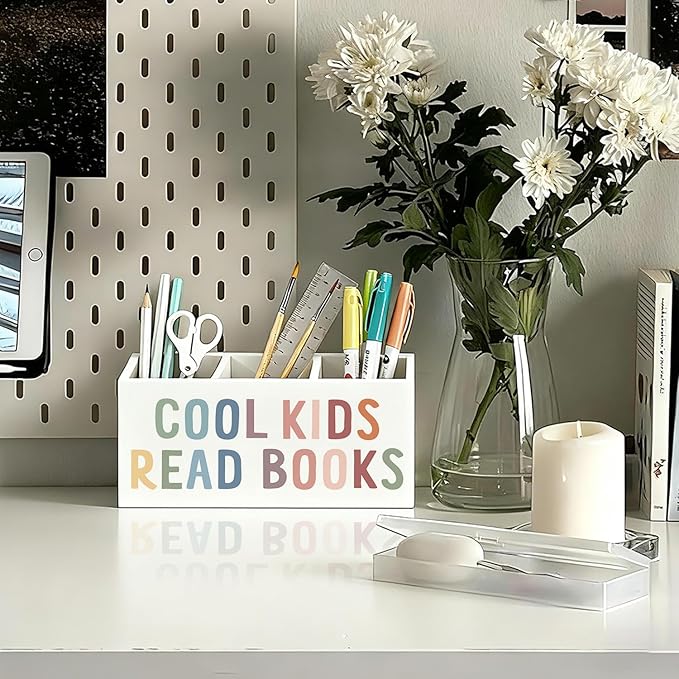 Book Lovers Gifts Pen Holder, Book Reader Gifts Pencil Holder for Desk, Boho Cool Kids Read Books Wooden Box Sign Decorations for Reading Room Corner Nook Classroom Desk Tabletop