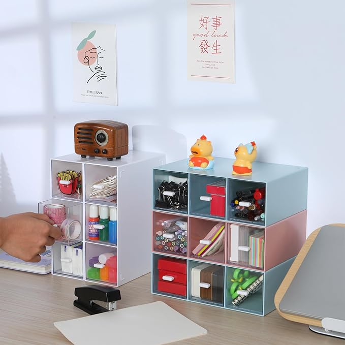Desktop Drawers, Desk Organizer with 6 Drawers, Stackable Plastic Storage Box for Home Collection, Cosmetics, Jewelry, Office Supplies (2 Tall Layers, White)