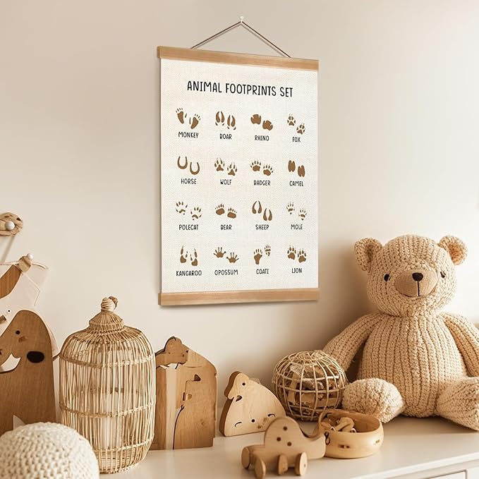 ZTGDA Animal Footprints Wall Art Poster – Animal Footprints Canvas Print with Wood Hanger Frame, Education Learning Poster for Nursery Classroom Playroom Decor 12x16Inch