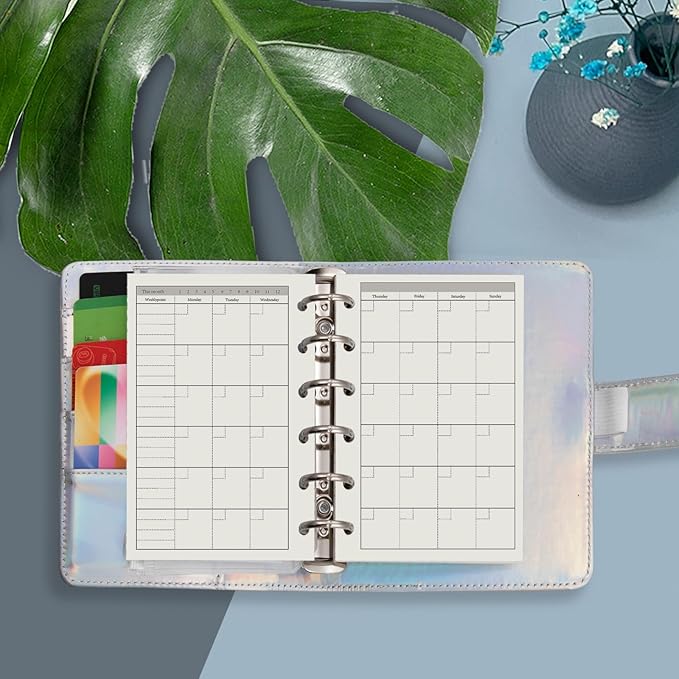 Harphia A7 6 Holes Binder Refill Value Set, 90sheets monthly plan loose leaf paper with stickers and dividers, planner insert with binder pockets for A7 binder 6 holes refillable notebook,005dA7month
