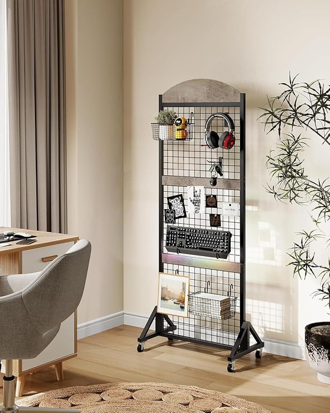 Grid Wall Panel 5.7’ x 2’ FT Grid Display Rack, Movable Gridwall Display Stand with Wheels, Floorstanding Wire Grid Rack with 4 S-Shaped Hooks and 4 Garment Hooks, Greige and Black TCJ17BG